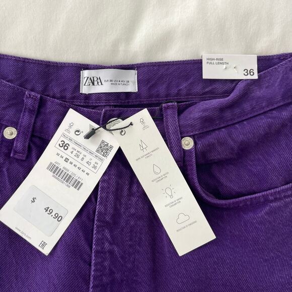 Zara NWT High-Rise Full Length Wide Leg Raw Hem Purple Denim Jeans, Size 4 - Picture 13 of 15